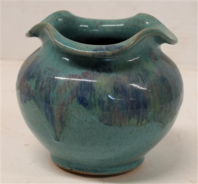 Royal Crown Pottery (1939 - 1942) Fluted Vase - Turquoise Blue Glaze with Blue and Pink -Stamped Royal Crown Handmade Pottery New York Vase is 4 7/8 tall 5 Across 