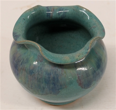Royal Crown Pottery (1939 - 1942) Fluted Vase - Turquoise Blue Glaze with Blue and Pink -Stamped Royal Crown Handmade Pottery New York Vase is 4 7/8 tall 5 Across 