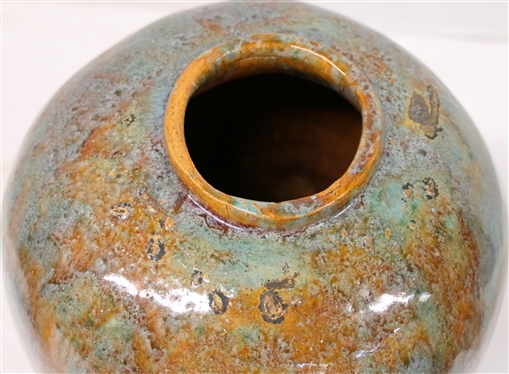 R.M.E. South 1928 Artist Signed and Dated Large Art Pottery Vase - Beautiful Blue Green and Brown Glazes - Nice Ovoid Form - Vessel is 11 Tall - Signature Incised in Bottom 