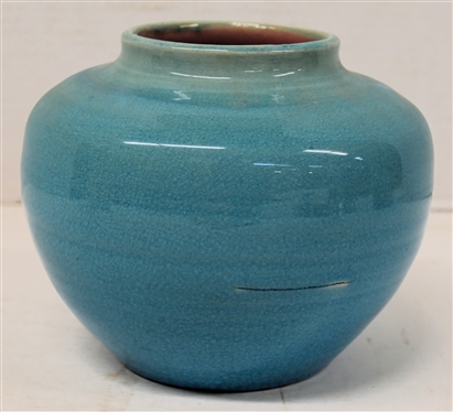 1951 Pisgah Forest Blue Crackel Glazed Vase - Pink Glazed Interior - Bright Blue Crackel Exterior - Stamped 1951 Pisgah Forest - Vessel is 5 1/4 Tall 6 Across