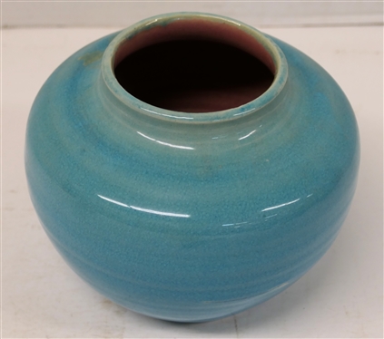 1951 Pisgah Forest Blue Crackel Glazed Vase - Pink Glazed Interior - Bright Blue Crackel Exterior - Stamped 1951 Pisgah Forest - Vessel is 5 1/4 Tall 6 Across