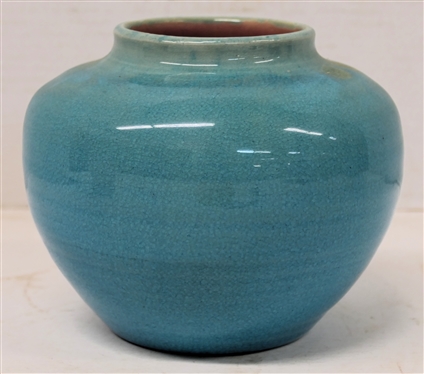 1951 Pisgah Forest Blue Crackel Glazed Vase - Pink Glazed Interior - Bright Blue Crackel Exterior - Stamped 1951 Pisgah Forest - Vessel is 5 1/4 Tall 6 Across