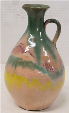 A.R. Cole / Rainbow Pottery North Carolina Pottery Pitcher - Green, Purple, and Yellow Rainbow Glaze - Pitcher Measures 7 1/2 Tall - Unsigned 