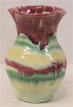 Cole / Ranbow Pottery - North Carolina Art Pottery Vase - Ruffled Edge - Maroon/Purple, Green, Yellow, and White Glazes - Vase is 6 1/2 Tall - Unsigned