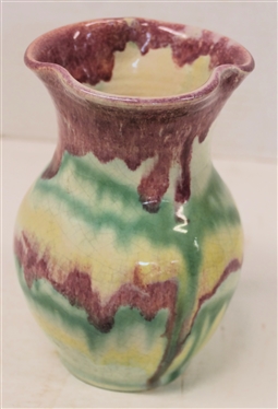 Cole / Ranbow Pottery - North Carolina Art Pottery Vase - Ruffled Edge - Maroon/Purple, Green, Yellow, and White Glazes - Vase is 6 1/2 Tall - Unsigned