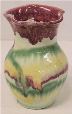 Cole / Ranbow Pottery - North Carolina Art Pottery Vase - Ruffled Edge - Maroon/Purple, Green, Yellow, and White Glazes - Vase is 6 1/2 Tall - Unsigned