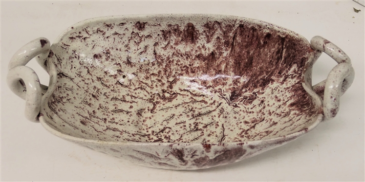 Large A.R. Cole Sanford, N.C. Pottery Bowl - Oval with Double Handles - White and Maroon Glazes - Bowl is 4 tall Not Including Handles - 12 by 8 - Stamped on Bottom 