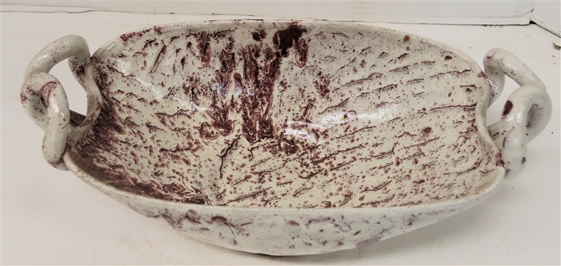 Large A.R. Cole Sanford, N.C. Pottery Bowl - Oval with Double Handles - White and Maroon Glazes - Bowl is 4 tall Not Including Handles - 12 by 8 - Stamped on Bottom 