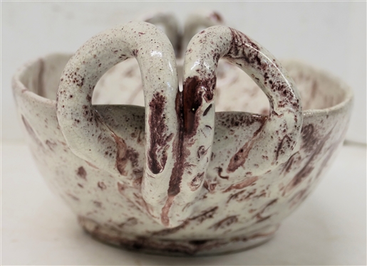 Large A.R. Cole Sanford, N.C. Pottery Bowl - Oval with Double Handles - White and Maroon Glazes - Bowl is 4 tall Not Including Handles - 12 by 8 - Stamped on Bottom 