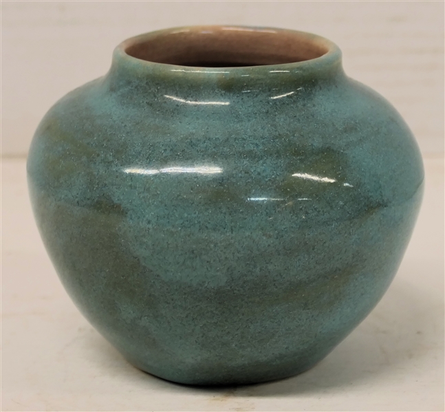 1950 Pisgah Forest Small Vase / Vessel - Turquoise Glaze with Pink Glazed Interior - Vase is 4" Tall - Stamped "1950 Pisgah Forest" 