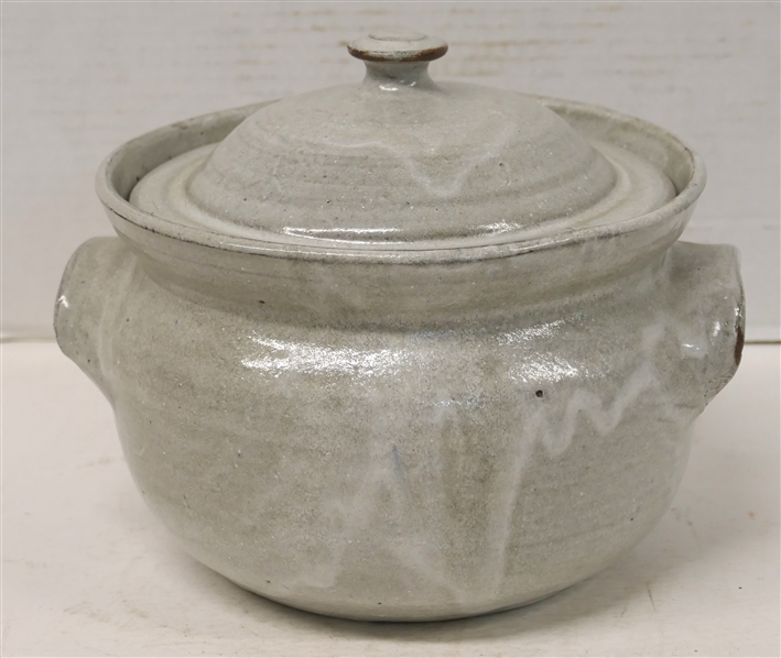 Teague 1982 Pottery Dish with Lid - Light Gray Glaze - Signed 82 Teague HBG on Bottom - Dish Measures 5 1/2" Tall 8 1/2" Across