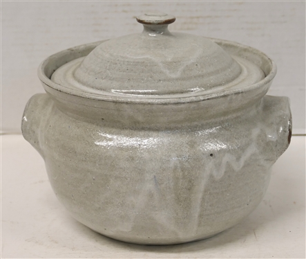 Teague 1982 Pottery Dish with Lid - Light Gray Glaze - Signed 82 Teague HBG on Bottom - Dish Measures 5 1/2 Tall 8 1/2 Across