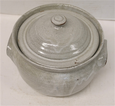 Teague 1982 Pottery Dish with Lid - Light Gray Glaze - Signed 82 Teague HBG on Bottom - Dish Measures 5 1/2 Tall 8 1/2 Across