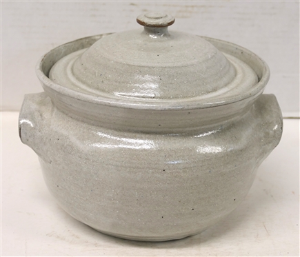 Teague 1982 Pottery Dish with Lid - Light Gray Glaze - Signed 82 Teague HBG on Bottom - Dish Measures 5 1/2 Tall 8 1/2 Across