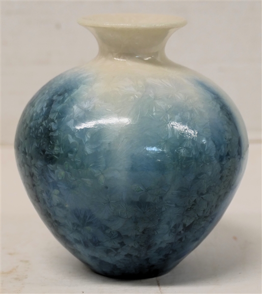Small Phil Morgan 1993 Crystalline Art Pottery Vase - White with Variations of Blue Glaze - Very Small Crystals - Vase is 4 1/2" Tall - Signed in Script on Bottom 