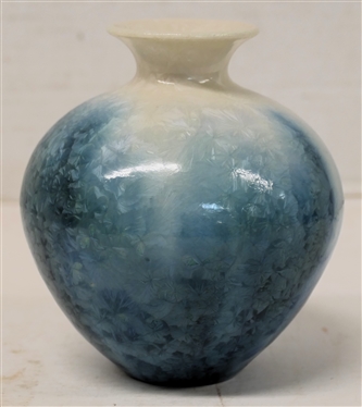 Small Phil Morgan 1993 Crystalline Art Pottery Vase - White with Variations of Blue Glaze - Very Small Crystals - Vase is 4 1/2 Tall - Signed in Script on Bottom 