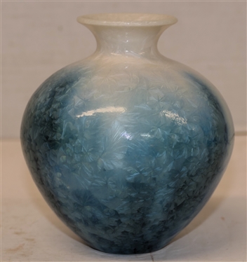 Small Phil Morgan 1993 Crystalline Art Pottery Vase - White with Variations of Blue Glaze - Very Small Crystals - Vase is 4 1/2 Tall - Signed in Script on Bottom 