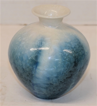 Small Phil Morgan 1993 Crystalline Art Pottery Vase - White with Variations of Blue Glaze - Very Small Crystals - Vase is 4 1/2 Tall - Signed in Script on Bottom 