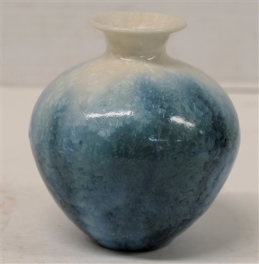 Small Phil Morgan 1993 Crystalline Art Pottery Vase - White with Variations of Blue Glaze - Very Small Crystals - Vase is 4 1/2 Tall - Signed in Script on Bottom 
