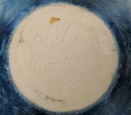 Small Phil Morgan 1993 Crystalline Art Pottery Vase - White with Variations of Blue Glaze - Very Small Crystals - Vase is 4 1/2 Tall - Signed in Script on Bottom 