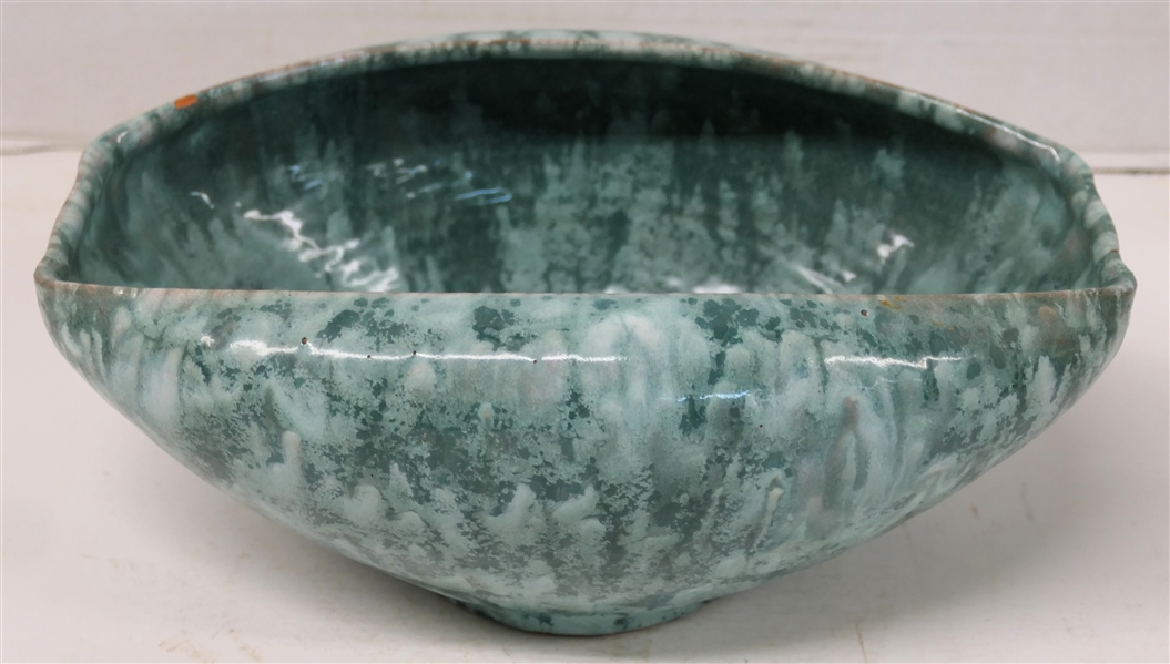 Oblong Rolled Edge NC Art Pottery Bowl - Attributed to The Cole Family - Light and Dark Green Glaze - Bowl is 4 3/4" Tall 11" by 7" - Small Flake in Glaze on Top Edge