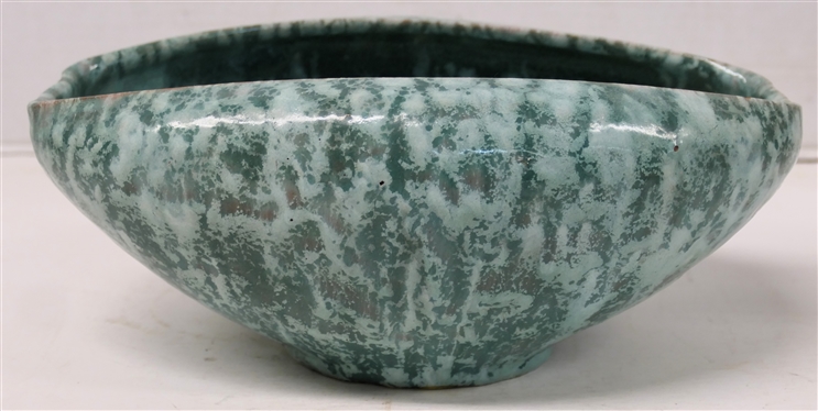 Oblong Rolled Edge NC Art Pottery Bowl - Attributed to The Cole Family - Light and Dark Green Glaze - Bowl is 4 3/4 Tall 11 by 7 - Small Flake in Glaze on Top Edge