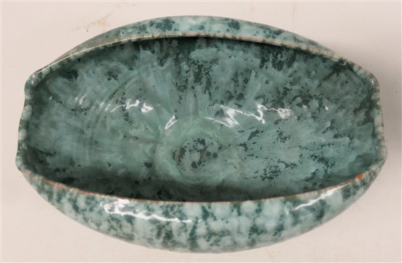 Oblong Rolled Edge NC Art Pottery Bowl - Attributed to The Cole Family - Light and Dark Green Glaze - Bowl is 4 3/4 Tall 11 by 7 - Small Flake in Glaze on Top Edge