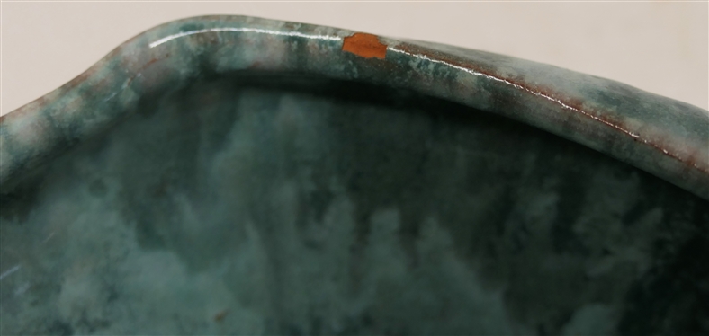 Oblong Rolled Edge NC Art Pottery Bowl - Attributed to The Cole Family - Light and Dark Green Glaze - Bowl is 4 3/4 Tall 11 by 7 - Small Flake in Glaze on Top Edge