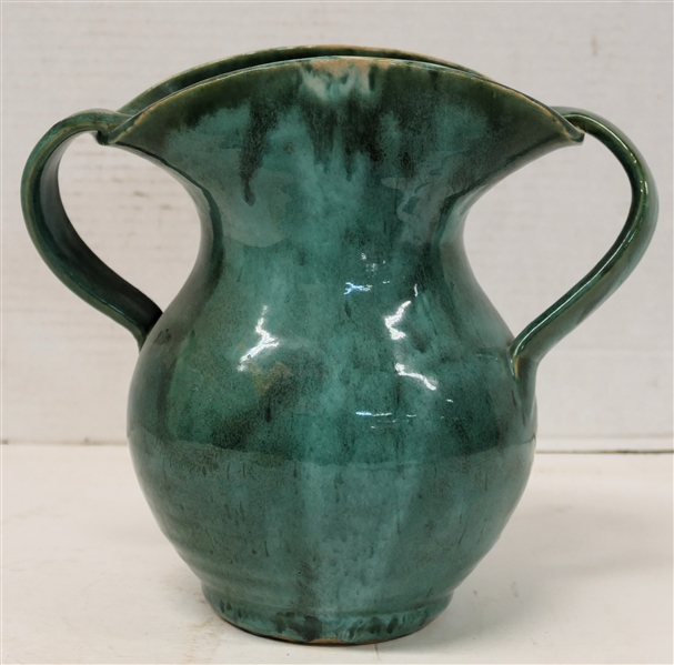 1930s Van Cleve Pottery Double Handled Art Pottery Fan Style Vase Green Variegated Glaze -Van Cleve Pottery Hackettstown, N.J. - Vase is 8 1/4" Tall 9" Wide