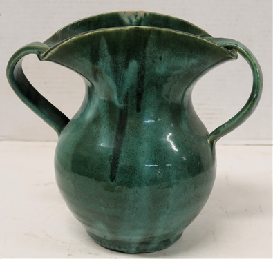 1930''s Van Cleve Pottery Double Handled Art Pottery Fan Style Vase Green Variegated Glaze -Van Cleve Pottery Hackettstown, N.J. - Vase is 8 1/4 Tall 9 Wide