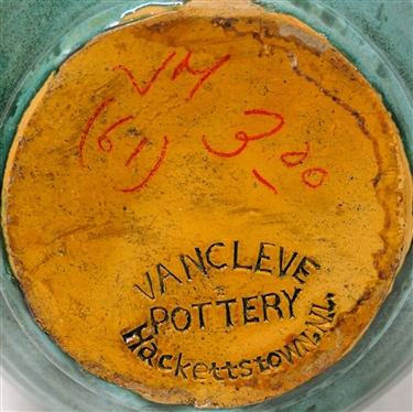 1930''s Van Cleve Pottery Double Handled Art Pottery Fan Style Vase Green Variegated Glaze -Van Cleve Pottery Hackettstown, N.J. - Vase is 8 1/4 Tall 9 Wide