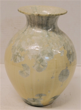 Larger Phil Morgan 1989 Crystalline Art Pottery Vase - Creamy White with Frosty Blue Crystals - Vase is 9 Tall - Signed and Dated ''89 on Bottom