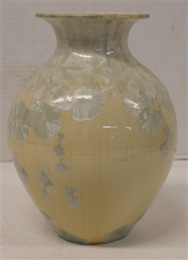 Larger Phil Morgan 1989 Crystalline Art Pottery Vase - Creamy White with Frosty Blue Crystals - Vase is 9 Tall - Signed and Dated ''89 on Bottom