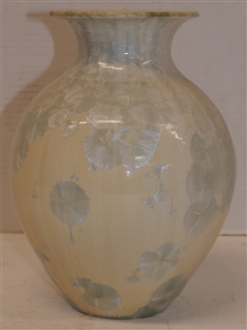 Larger Phil Morgan 1989 Crystalline Art Pottery Vase - Creamy White with Frosty Blue Crystals - Vase is 9 Tall - Signed and Dated ''89 on Bottom