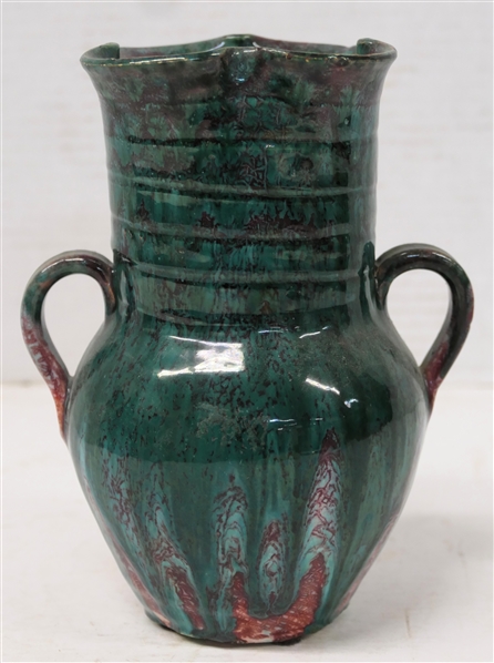 Seagrove North Carolina Double Handled Art Pottery Vase - Maroon / Malachite Green Glazes - Ruffled Top Edge with Ribbed Neck - Vase is 7" Tall 