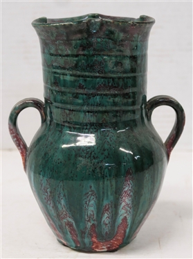 Seagrove North Carolina Double Handled Art Pottery Vase - Maroon / Malachite Green Glazes - Ruffled Top Edge with Ribbed Neck - Vase is 7 Tall 