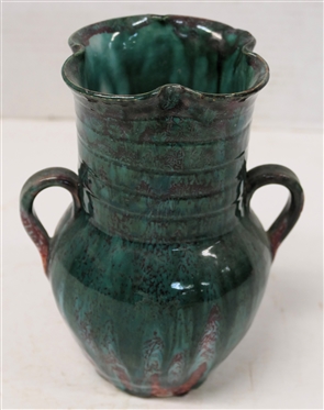 Seagrove North Carolina Double Handled Art Pottery Vase - Maroon / Malachite Green Glazes - Ruffled Top Edge with Ribbed Neck - Vase is 7 Tall 