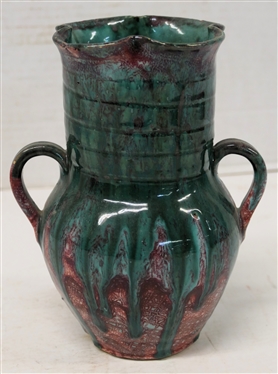 Seagrove North Carolina Double Handled Art Pottery Vase - Maroon / Malachite Green Glazes - Ruffled Top Edge with Ribbed Neck - Vase is 7 Tall 