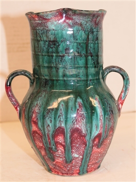 Seagrove North Carolina Double Handled Art Pottery Vase - Maroon / Malachite Green Glazes - Ruffled Top Edge with Ribbed Neck - Vase is 7 Tall 