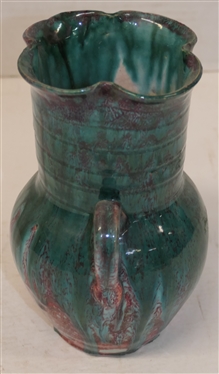 Seagrove North Carolina Double Handled Art Pottery Vase - Maroon / Malachite Green Glazes - Ruffled Top Edge with Ribbed Neck - Vase is 7 Tall 