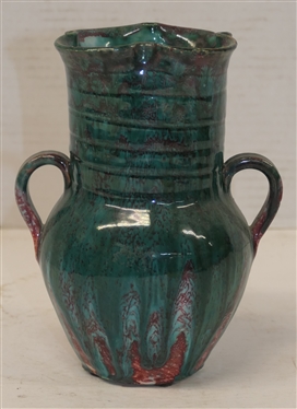 Seagrove North Carolina Double Handled Art Pottery Vase - Maroon / Malachite Green Glazes - Ruffled Top Edge with Ribbed Neck - Vase is 7 Tall 