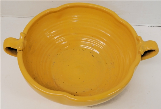 Large Yellow North Carolina Art Pottery Double Handled Bowl - Bright Sunny Yellow Glaze - Double Handles - Pinched Sides - Bowl is 5 Tall 12 Across - Not Including Handles - Some Small Glaze...