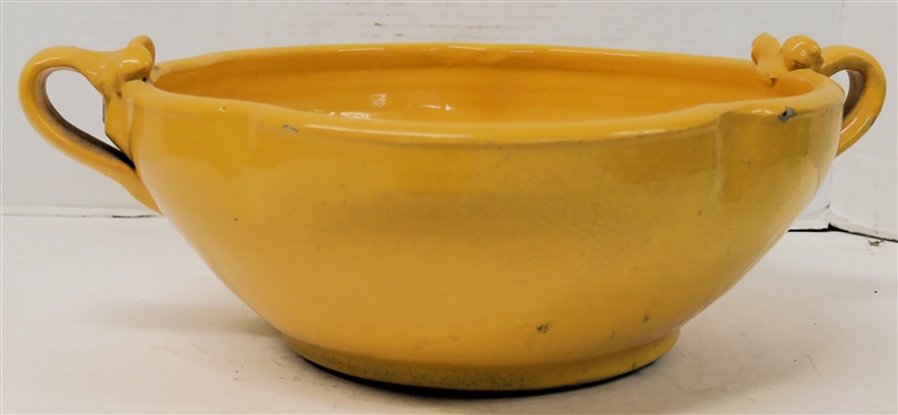 Large Yellow North Carolina Art Pottery Double Handled Bowl - Bright Sunny Yellow Glaze - Double Handles - Pinched Sides - Bowl is 5 Tall 12 Across - Not Including Handles - Some Small Glaze...