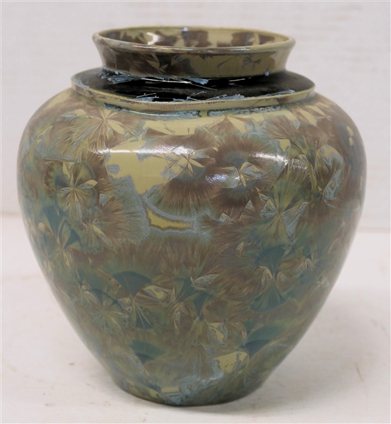 Unusual Phil Morgan Crystalline - NC Art Pottery Vase - 4 Glazes - Gray / Cream Background, Black around Neck, Blue and Lavendar Crystals - Vase is 6 1/4" tall - Signed on Bottom - Not Dated