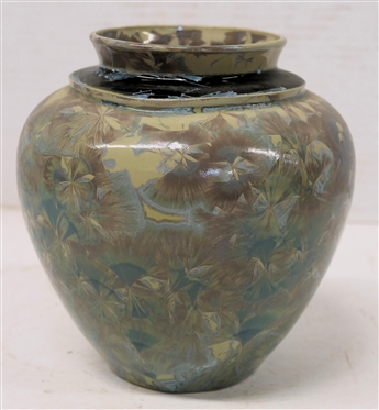 Unusual Phil Morgan Crystalline - NC Art Pottery Vase - 4 Glazes - Gray / Cream Background, Black around Neck, Blue and Lavendar Crystals - Vase is 6 1/4 tall - Signed on Bottom - Not Dated
