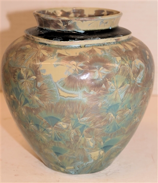 Unusual Phil Morgan Crystalline - NC Art Pottery Vase - 4 Glazes - Gray / Cream Background, Black around Neck, Blue and Lavendar Crystals - Vase is 6 1/4 tall - Signed on Bottom - Not Dated