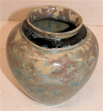 Unusual Phil Morgan Crystalline - NC Art Pottery Vase - 4 Glazes - Gray / Cream Background, Black around Neck, Blue and Lavendar Crystals - Vase is 6 1/4 tall - Signed on Bottom - Not Dated