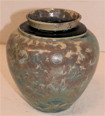 Unusual Phil Morgan Crystalline - NC Art Pottery Vase - 4 Glazes - Gray / Cream Background, Black around Neck, Blue and Lavendar Crystals - Vase is 6 1/4 tall - Signed on Bottom - Not Dated