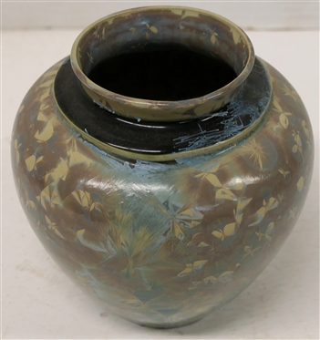 Unusual Phil Morgan Crystalline - NC Art Pottery Vase - 4 Glazes - Gray / Cream Background, Black around Neck, Blue and Lavendar Crystals - Vase is 6 1/4 tall - Signed on Bottom - Not Dated