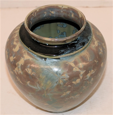 Unusual Phil Morgan Crystalline - NC Art Pottery Vase - 4 Glazes - Gray / Cream Background, Black around Neck, Blue and Lavendar Crystals - Vase is 6 1/4 tall - Signed on Bottom - Not Dated